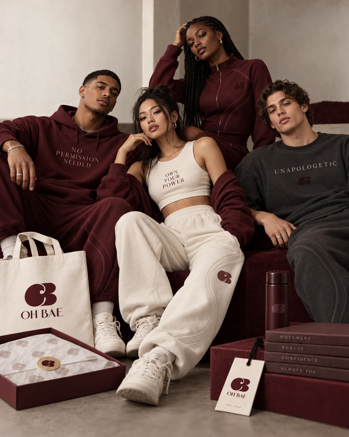 Friends wearing OH BAE in a lounge