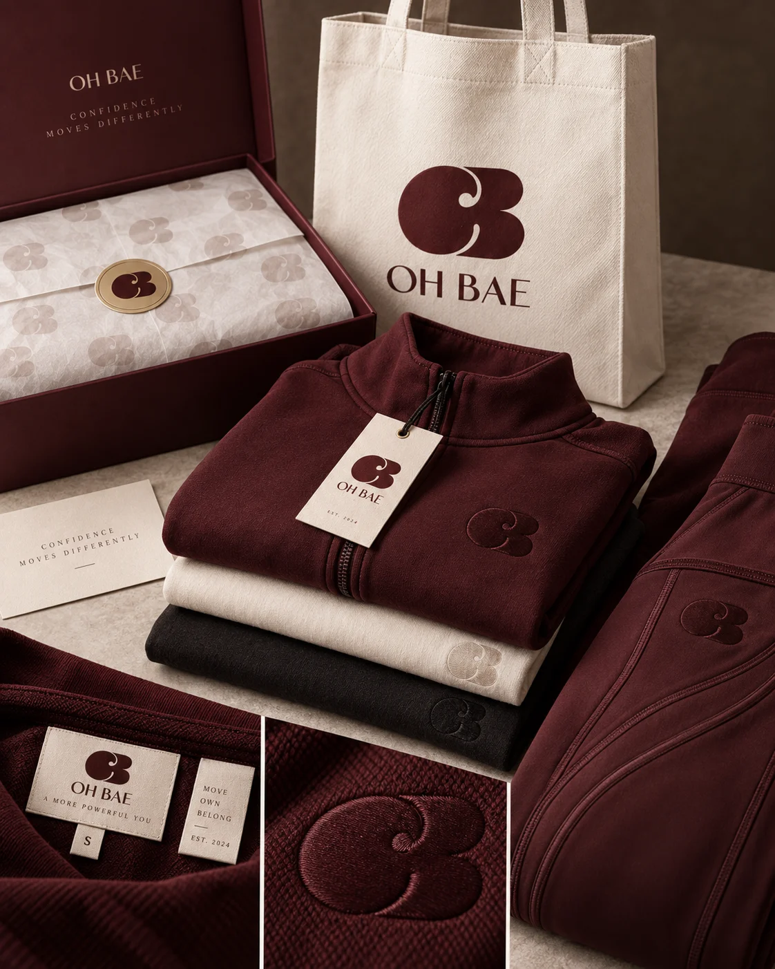 OH BAE garments, packaging and tonal branding
