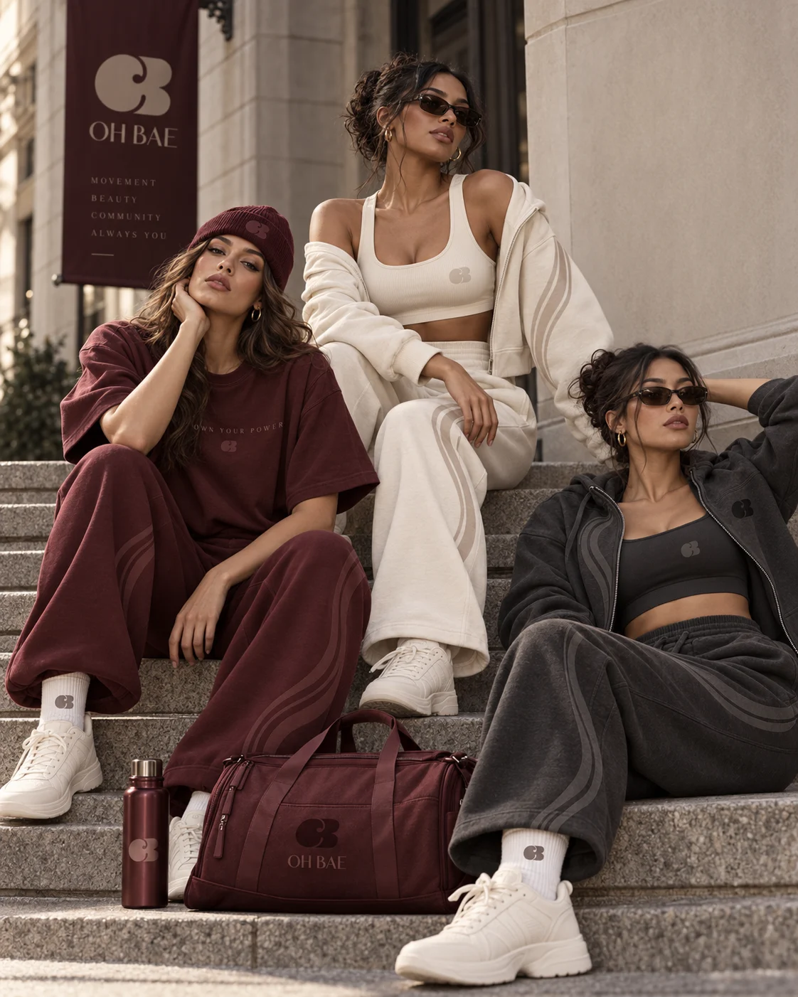 Women wearing OH BAE on outdoor steps